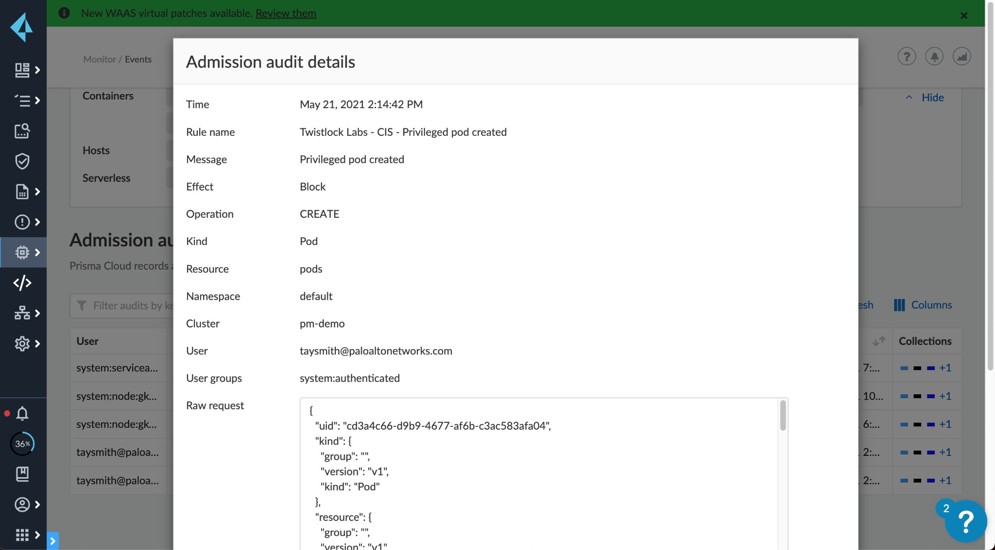 Screenshot of admission audit details.