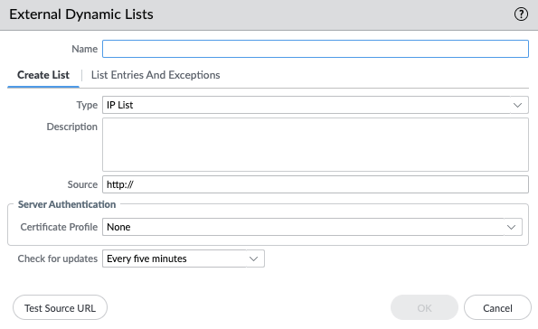 図5. External Dynamic Lists (外部ダイナミック リスト)の設定画面